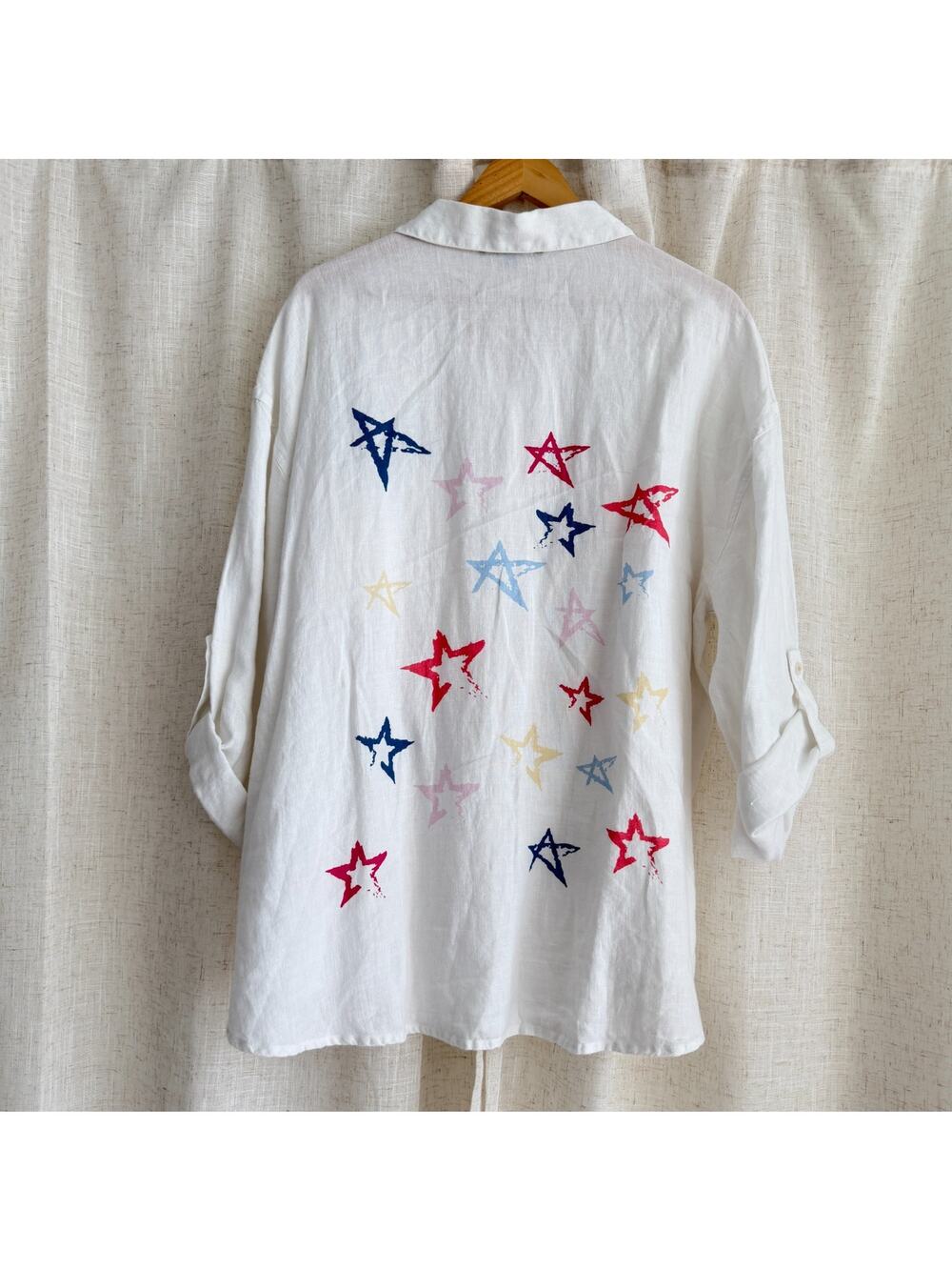 Charlie B Linen Shirt Womens Large White Button Front Star Back Tunic Blouse